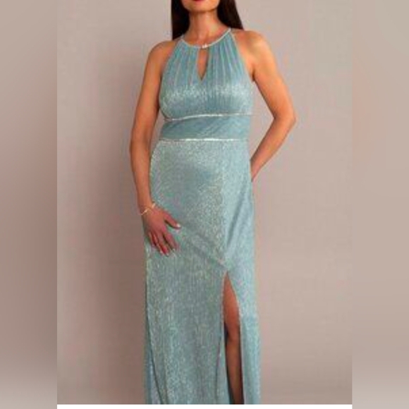 Oleg Cassini ice blue halter maxi w/silver and rhinestone accents NWT - Picture 1 of 17